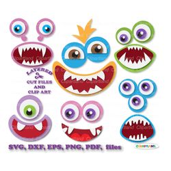 INSTANT Download. 6 monster smiling face svg cut files.  Personal and commercial use. Mf_11.