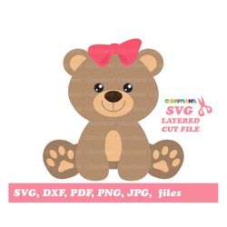 instant download. personal and commercial use is included! cute sitting teddy bear girl svg, dxf cut files and clip art.