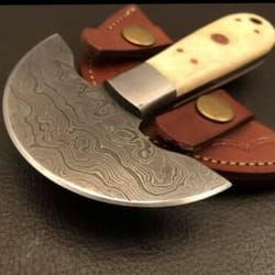 custom handmade forge damascus steel half moon leather cutting knife