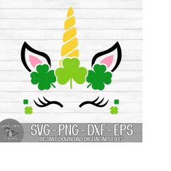 saint patrick's day unicorn face - instant digital download - svg, png, dxf, and eps files included! - shamrocks, clover