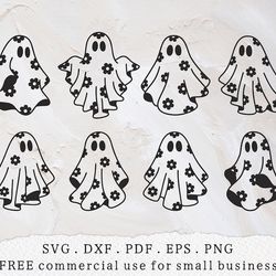 floral ghost bundle svg daisy ghost outline svg, spooky season svg, cute ghost clipart, halloween kids svg, ghost with f