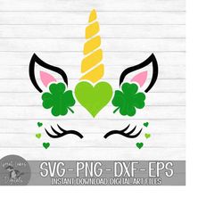 saint patrick's day unicorn face - instant digital download - svg, png, dxf, and eps files included! - shamrocks, hearts