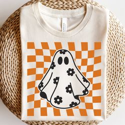 checkered daisy ghost svg, floral ghost outline svg, checkered halloween svg, ghost with flowers svg, spooky season svg,