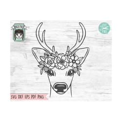 deer face svg, reindeer svg, deer flower crown svg, deer cut file, animal face, floral crown, deer with flowers on head,