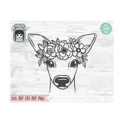 deer face svg, deer with flower crown svg, deer cut file, animal face, floral crown, deer with flowers on head, cute faw