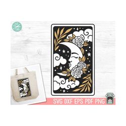 tarot card moon svg, floral moon tarot svg file, flower moon tarot card svg, halloween, gothic, mystical, witchy, fortun