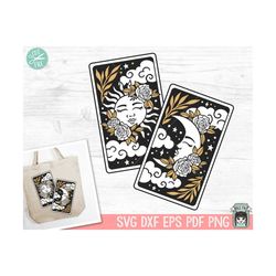 tarot card sun moon svg, floral sun tarot svg file, floral moon tarot, tarot card svg, halloween, gothic, mystical, witc