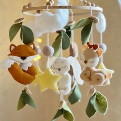 Woodland crib mobile with animals. Forest mobile felt. Baby shower gift