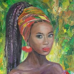African woman black portrait original oil painting African art