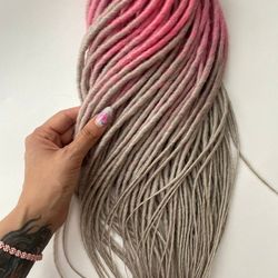 Synthetic ombre DE dreads extensions, Pink to grey dreadlocks,smooth handmade dreads