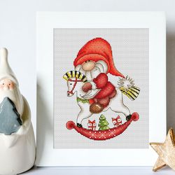 Christmas gnome on horse cross stitch pattern PDF, Gnome cross stitch, Winter gnome, Christmas cross stitch