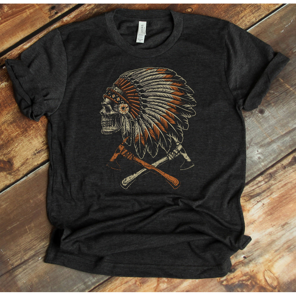 Native American T-Shirt - Skull Headdress Shirt - Tomahawk - Warbonnet.jpg