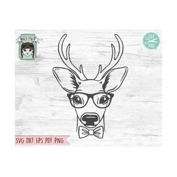 deer svg file, deer with glasses bowtie svg, deer cut file, animal face, reindeer svg, christmas svg, fawn svg, christma