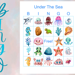 under the sea bingo printable,bingo 100 cards,5x5,party bingo, pdf