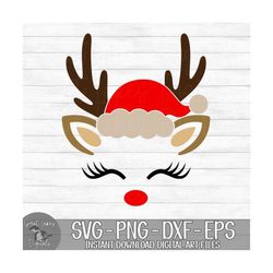 Reindeer Face with Santa Hat - Instant Digital Download - svg, png, dxf, and eps files included! - Christmas, Antlers, G