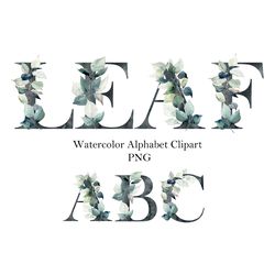 Watercolor floral alphabet, leaves letters, wedding numbers, watercolor initials, clipart abc, png.