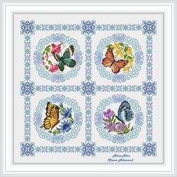 Cross stitch pattern Panel sampler Butterflies flowers frame ornament insect butterfly flower pillow napkin patterns PDF