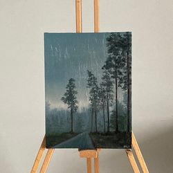 Original Foggy Road Painting, Oil On Canvas, Fog Oil Painting, Landscape Painting, Forest Wall Decor, Tree Painting