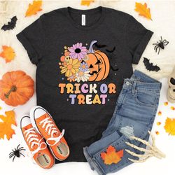 halloween pumpkin shirt, trick or treat shirt, halloween sweatshirt, spooky season shirt, floral halloween shirt