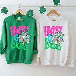 happy go lucky sweatshirt, retro st patrick's day shirt, hand drawn shamrock, saint patricks day gift, st patty's women