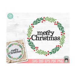 merry christmas sign svg, merry christmas wreath svg, christmas decor svg, laurel leaves svg, round sign svg, hand lette