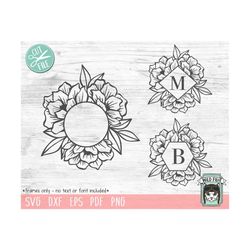 flower monogram frame svg file, monogram frame cut file, flower border svg, floral frame, round, hexagon, diamond, shape
