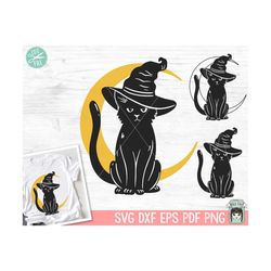 black cat svg file, witch cat svg cut file, cat moon svg, halloween svg file, black cat witch hat, black cat png, witchy