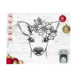 Christmas Reindeer SVG file, Deer Poinsettia SVG, Deer cut file, Reindeer Floral svg, Deer Flower, Christmas Animals svg