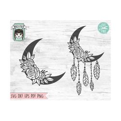 moon flowers svg file, moon floral svg, dreamcatcher svg file, moon dreamcatcher with flowers, moon flower cut file, fea