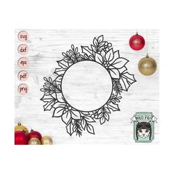 poinsettia frame svg file, christmas svg, christmas wreath cut file, christmas monogram frame svg, poinsettia wreath svg