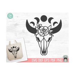 cow skull svg, flowers svg, floral svg, mystical svg, moon phases svg, crescent moon svg, bull skull svg, boho svg, just