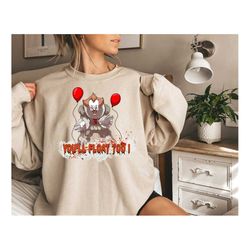 youll float too face halloween sweatshirt,halloween youll float too tshirt,scary movie shirts,evil clown shirt halloween
