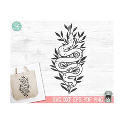 snake svg file, reptile svg, snake png, snake clipart, mystical svg, snake leaves svg, tattoo svg, reptile png, tattoo p