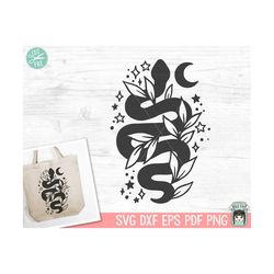 snake svg file, reptile svg, snake png, snake clipart, mystical svg, snake leaves svg, tattoo svg, moon svg, reptile png