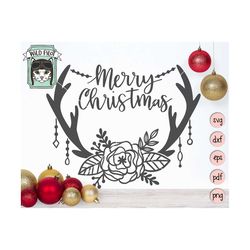 christmas svg, merry christmas svg file, deer, antlers with flowers, antlers svg, rustic, country, flower antlers, flora