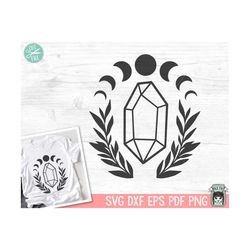 crystal svg file, crystal png, mystical svg, crystal moon leaves svg, just a phase svg, moon phases svg, vector, png, dx