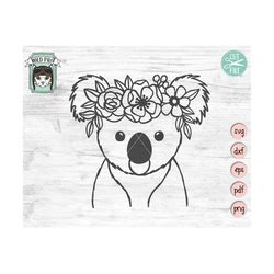 koala svg file, koala with flower crown svg, koala cut file, animal face, floral crown, cute koala with flowers on head,