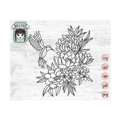 hummingbird and flowers svg file, hummingbird svg, flowers svg, bird cut file, floral cut file, garden svg, bird clipart