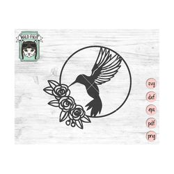 hummingbird svg file, hummingbird wreath svg file, hummingbird silhouette cut file, hummingbird clipart, flower wreath v