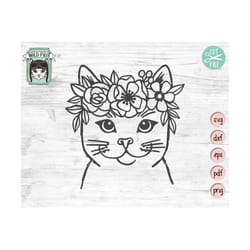 cat face svg, cat with flower crown svg, cat cut file, animal face, animal floral crown svg, cat with flowers on head, a