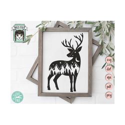 deer svg, deer silhouette svg, deer mountain scene, forest trees, camping svg file, hiking, adventure, mountain range, n