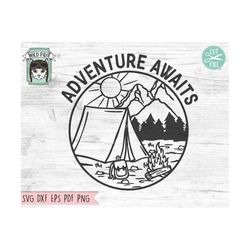adventure awaits svg file, camping tent svg file, tent cut file, camping svg, camping mountain scene, camping patch svg,