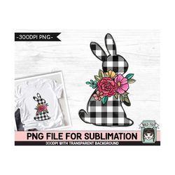 easter sublimation design png, black white buffalo plaid bunny png file, floral bunny rabbit silhouette sublimation, flo