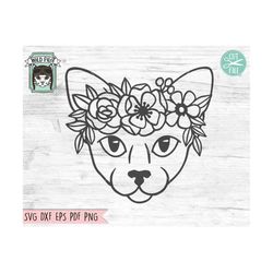 cat face svg, cat with flower crown svg, cat cut file, animal face, animal floral crown svg, cat with flowers on head, s