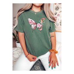 comfort color butterfly t shirt, flower butterfly tee for women, aesthetic butterfly spring shirt, crewneck floral butte
