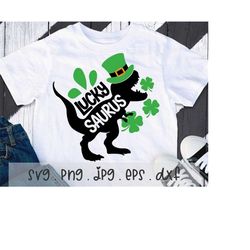 Lucky Saurus SVG/PNG/JPG, T-Rex Dinosaur Shamrock Clover Irish Kids Baby Sublimation Design Eps Dxf, Happy St. Patrick's