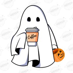 Cute Ghost Drinking Coffee Png, Ghost Ice Coffee png, Hallow