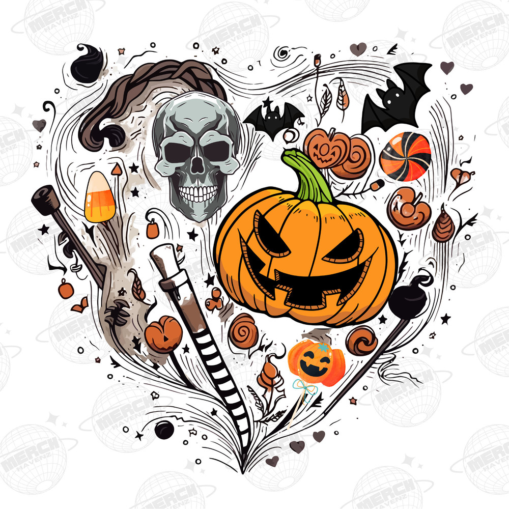 Cute Heart Halloween Skull and Pumpkin Clip Art in PNG, I Heart Halloween, Retro Halloween Png, Fall Background Png, Trendy Halloween Png - 1.jpg