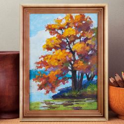 Autumn Oil pastel painting in wooden frame  Oak tree river country side landscape art Small painting