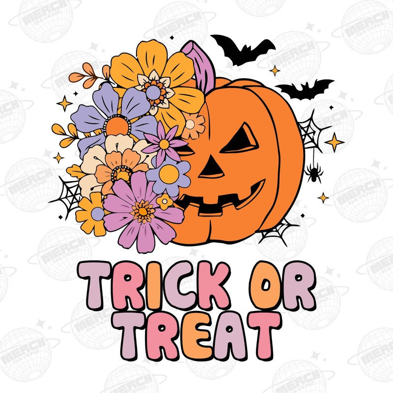 Trick Or Treat Pumpkin png, Cute Halloween Pumpkin, Pumpkin With Flowers png, Halloween Sublimation Designs, Floral Halloween Pumpkin Design - 1.jpg